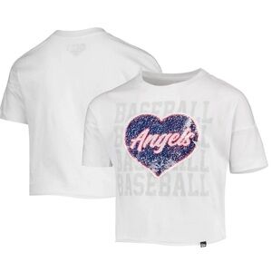 New Era White Los Angeles Angels Flip Sequin Heart Crop Top Size 7/8